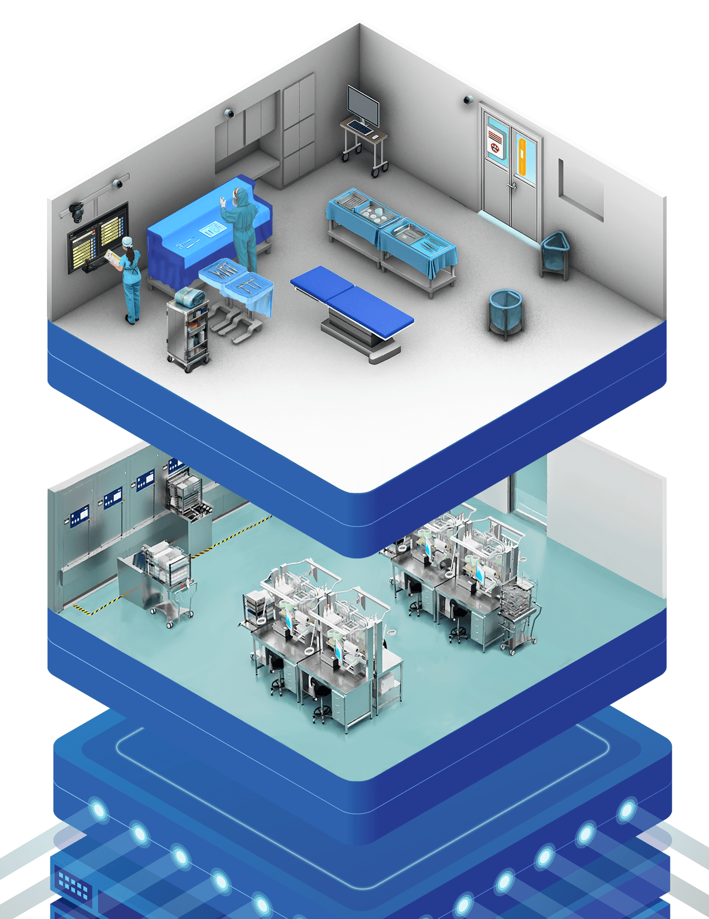 Layered illustration connecting the operating room, clinical operations, and surgical data infrastructure