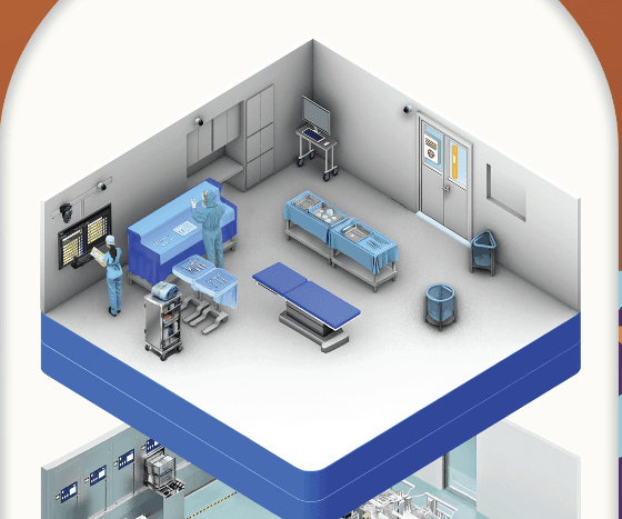 Isometric operating room illustration showing nSight's camera and monitoring deployment
